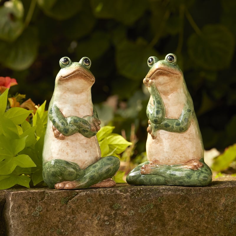 Sitting and Thinking Frog Ceramic Outdoor Garden Statues - 7.5" - Set of 2