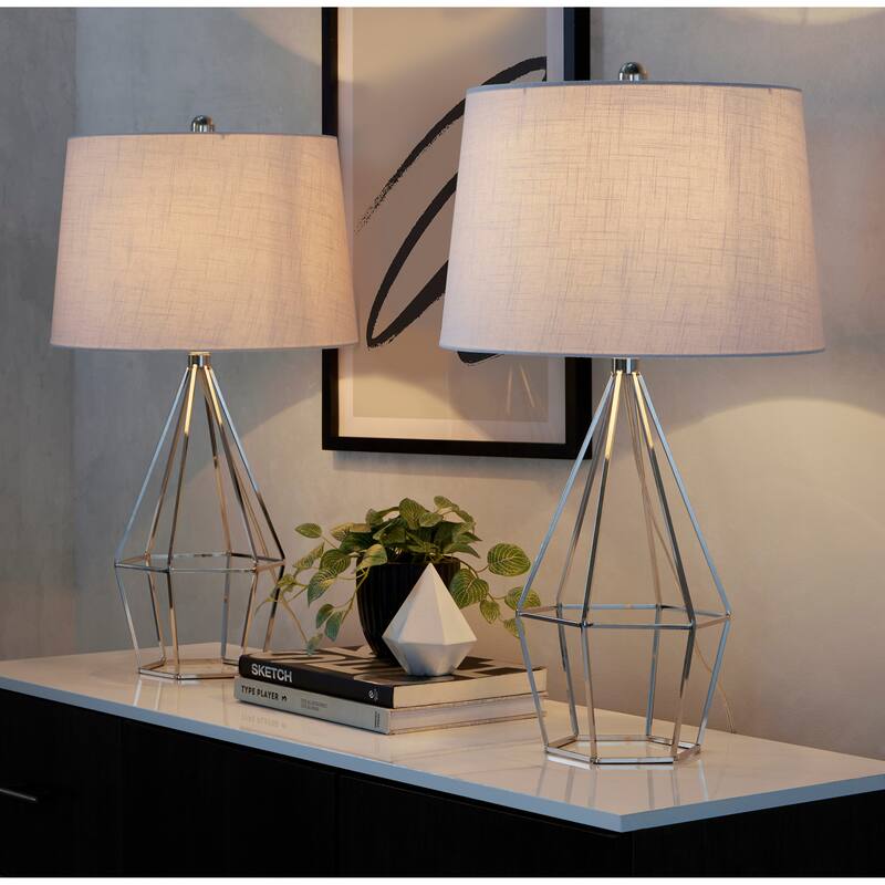 Porch & Den Zelma 27" Metal Table Lamp (Set of 2) - Polished Nickel/White Linen