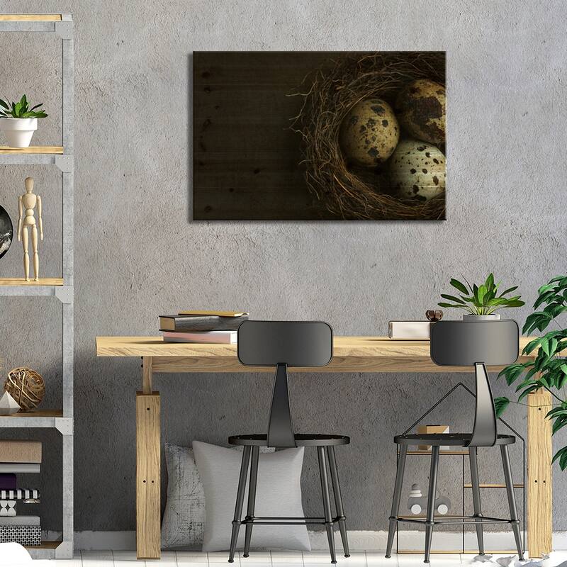 Bird's Nest And Quail Eggs Closeup Print On Wood by Alyson Fennell - Multi-Color