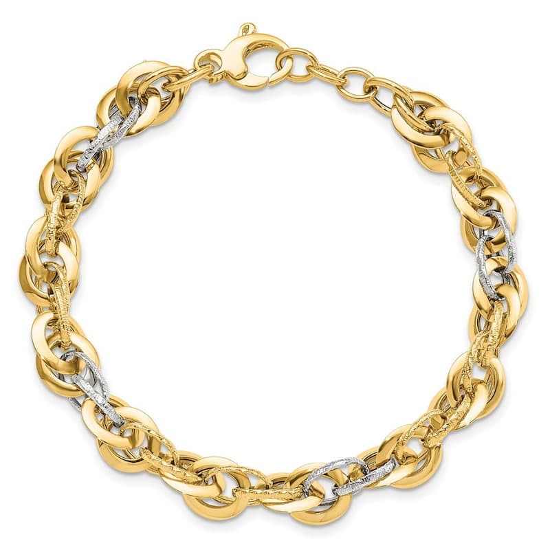 Curata 14k Two Tone Gold Polished Sparkle Cut Fancy Link Bracelet 8 Inch