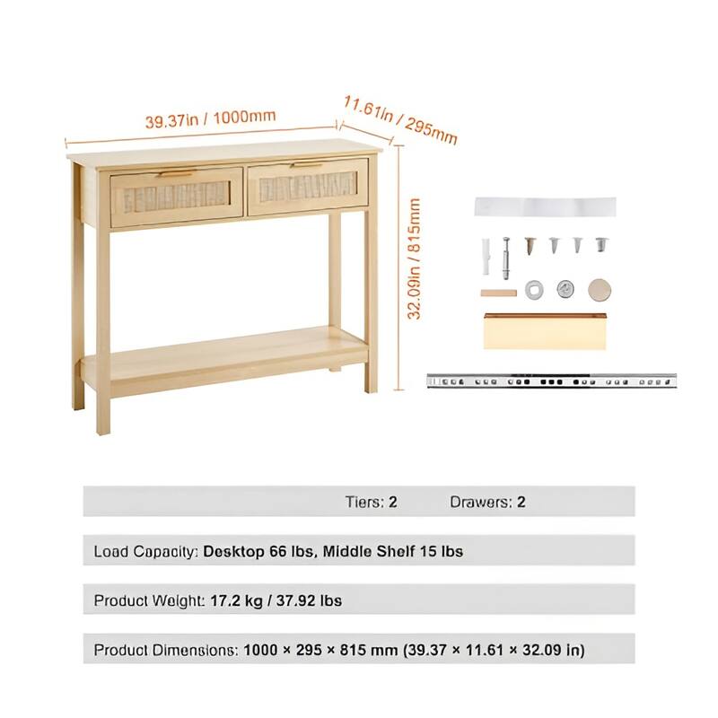 Natural Rattan Entryway Table with 2 Drawers, Storage Console - 39.37 × 11.81 × 29.33 in