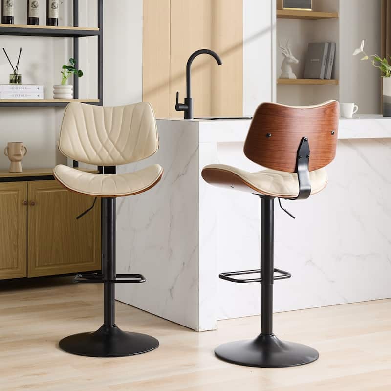 GDF Studio - Mid Century Modern Bentwood Adjustable Swivel PU Leather Bar Stool with Metal Legs