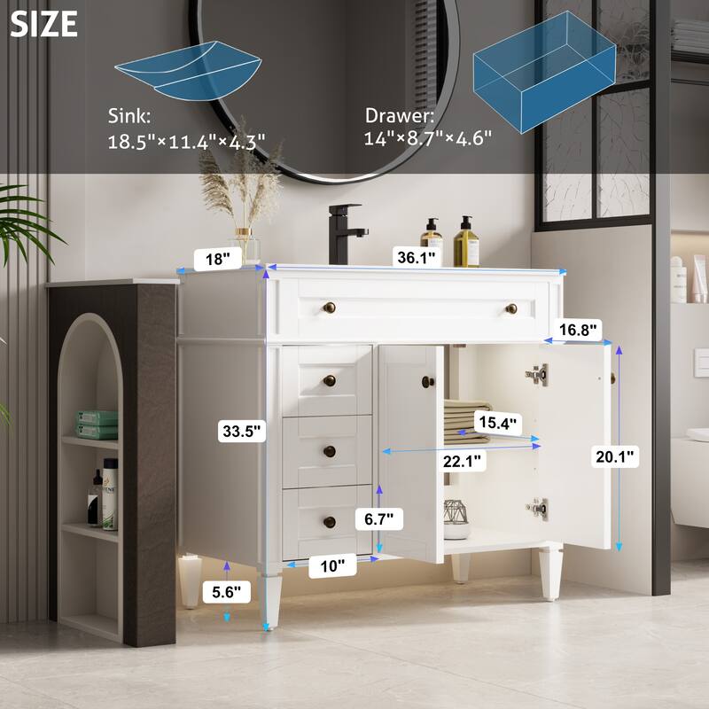 Retro Bathroom Vanity W/ Drop in Sink Combo Cabinet Set - 36 in - White