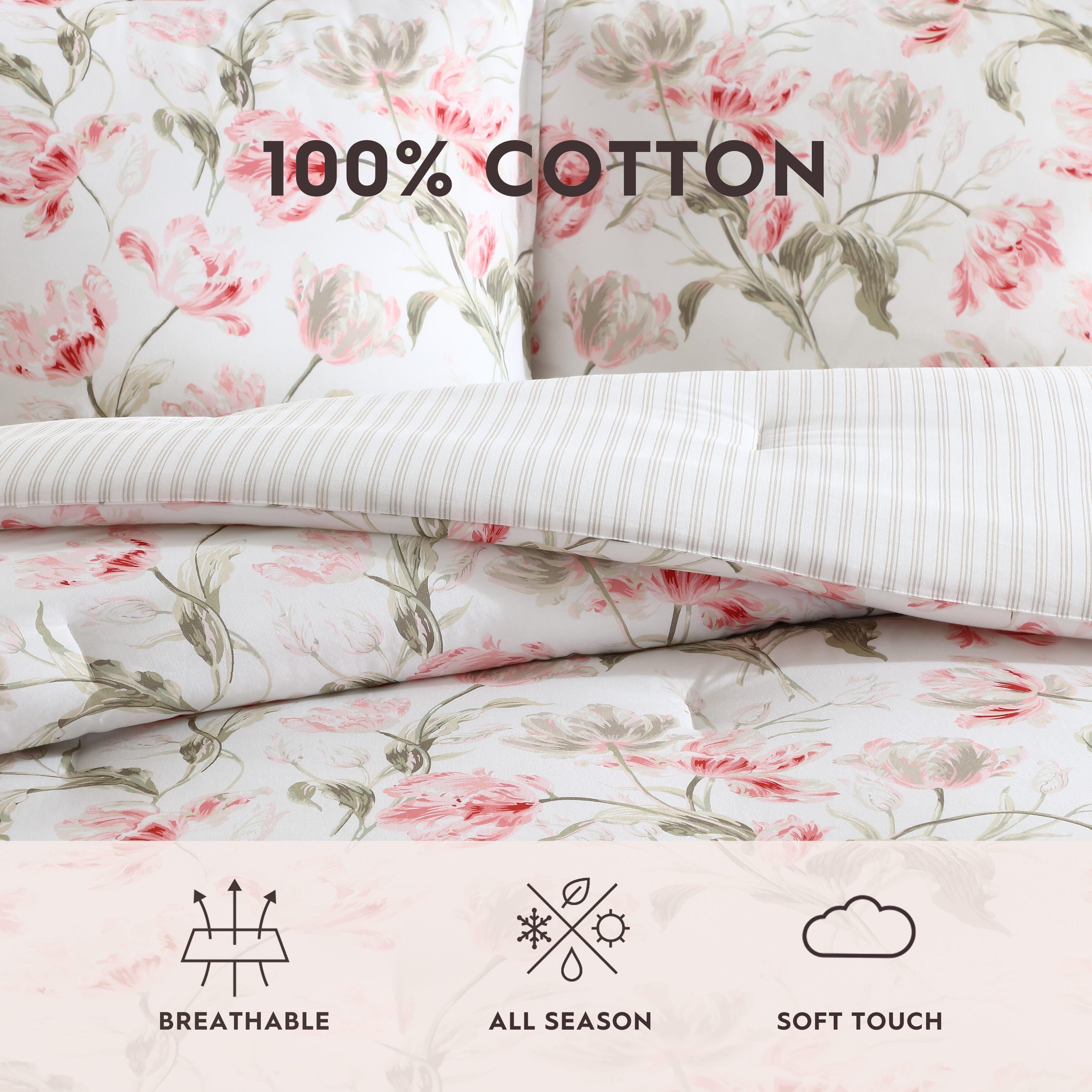 Laura Ashley Gosford Cotton Reversible Pink Comforter Bonus Set