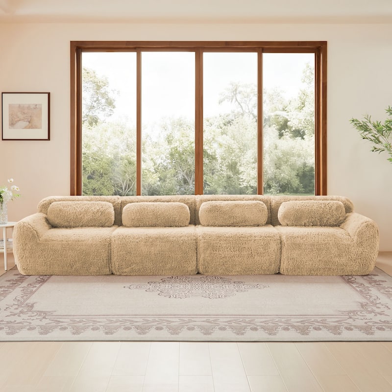 Rossetta 149'' Modern 4-seater Soft Fluffy Plush Fabric Modular Sectional Deep Sofa Couches, Free Combination Buckle Connection