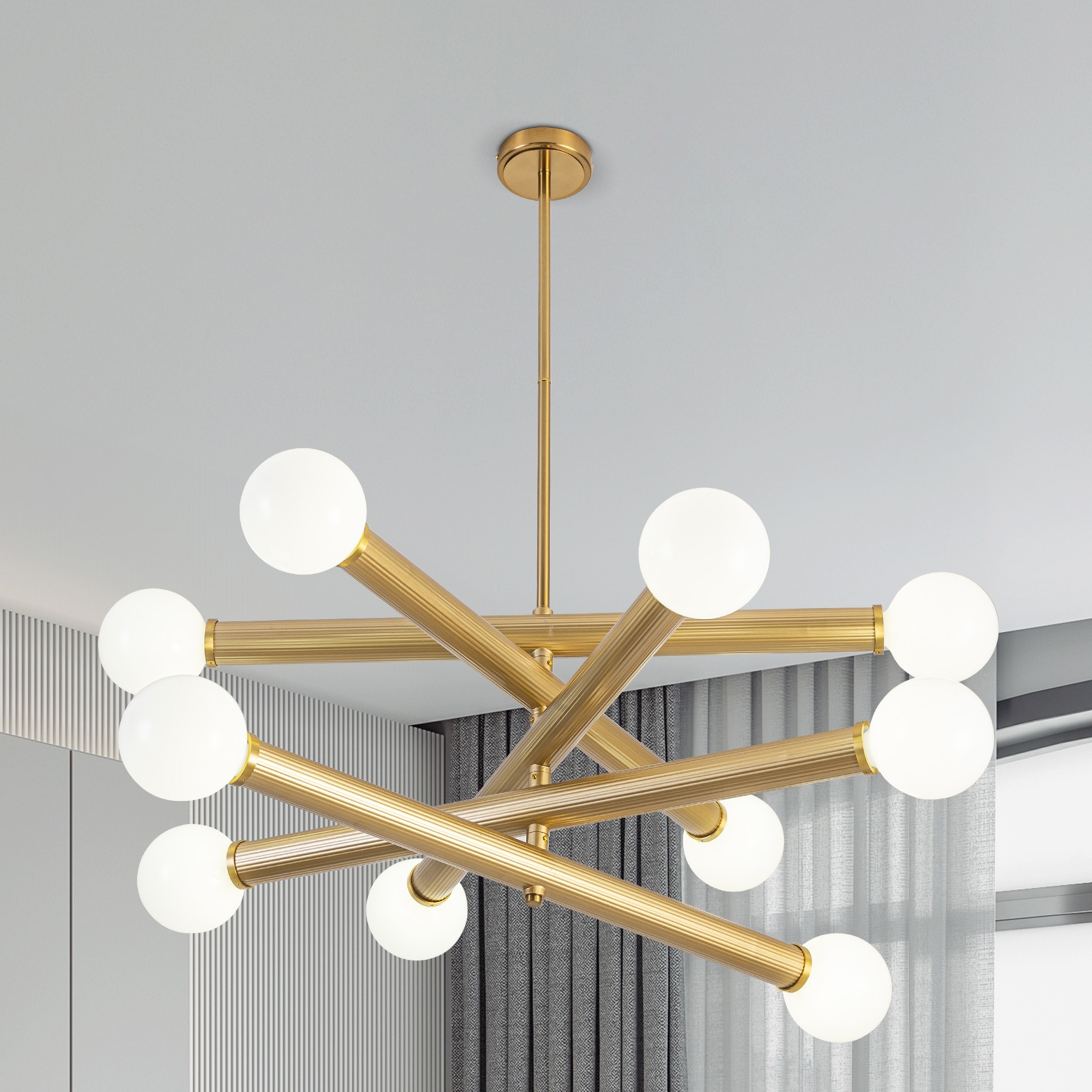 Romision 10 Light Brass Metal Tube Chandelier Pendant Light