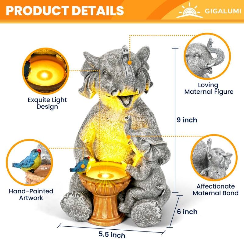 Solar Elephant Bird Bath for Outdoor Garden Decor with LED Lights - 6 in. x 6 in. x 9 in.