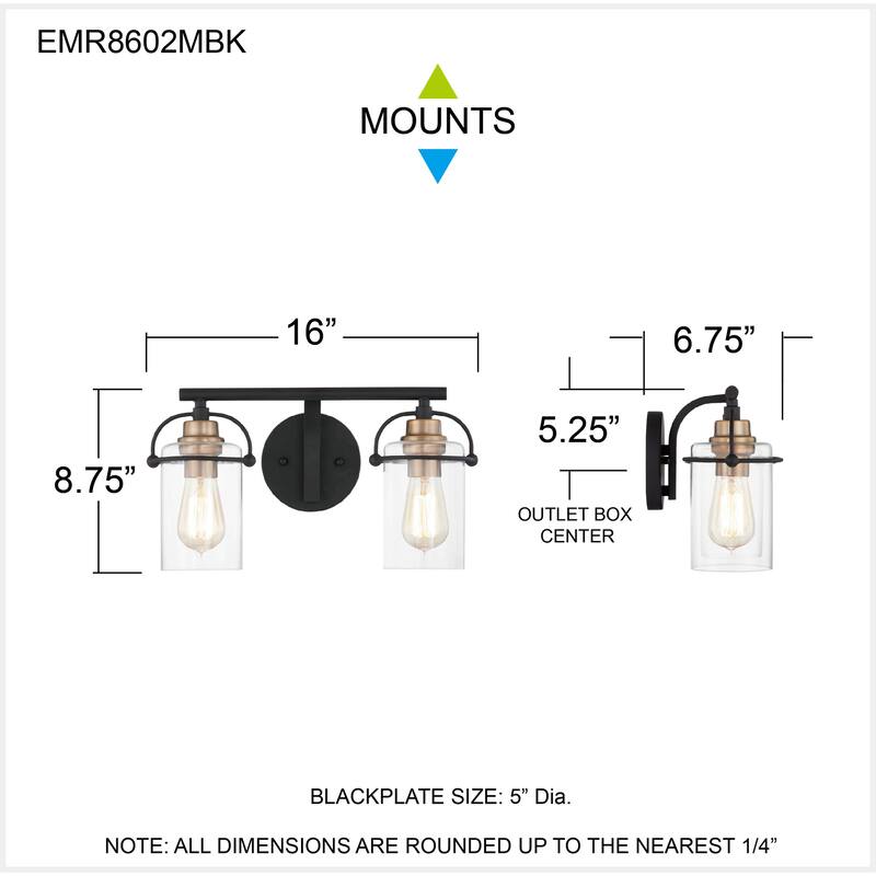 Emerson 2-Light Matte Black Vanity Light - Matte Black