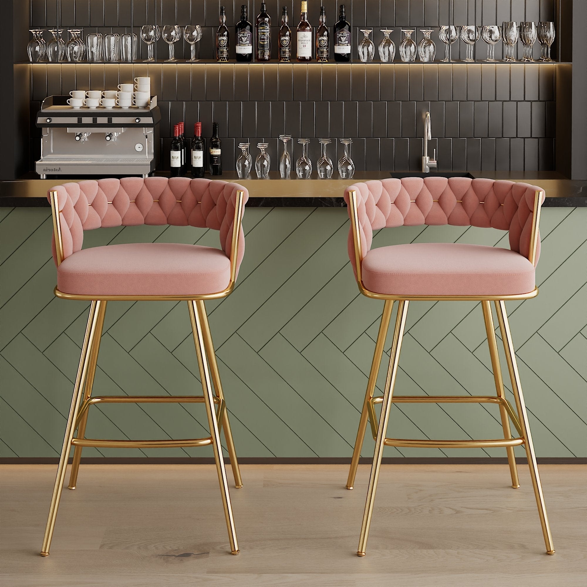 VECELO Counter Height Bar Stools with Woven Backrest 26.77" Seat Height Mid-Century Modern Upholstered Bar Chairs for Kitchen