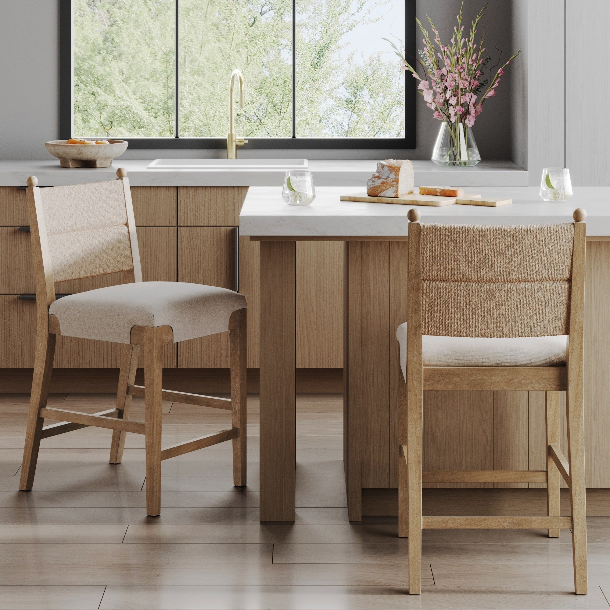 Cove Seagrass Counter Stool, Upholstered Bar Stool with Seagrass Backrest and Flax Upholstered Seat