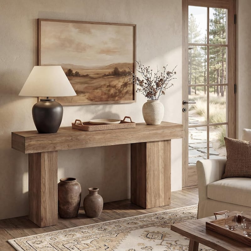 63-Inch Solid Wood Console Table, Sofa Table Behind Couch with Artistic Legs for Entryway, Rustic Brown