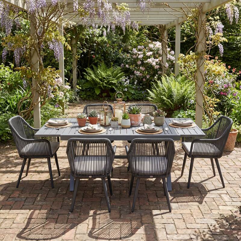 Expandable Aluminum Outdoor Dining Set with 6 Woven Rattan Chairs