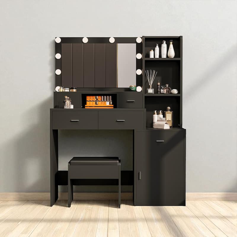 Makeup Vanity Table with LED Mirror, USB Ports, Hair Dryer Holder, Storage Shelves, 4 Drawers & Cabinet for Bedroom - Black