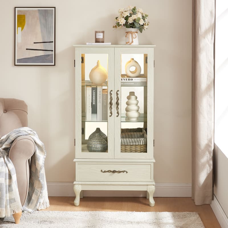 Curio Lighted Glass Cabinet Glass Wine Cabinet Curio Display Cabinet with Adjustable Glass Shelves 2 Doors and 1 drawer Cabinet