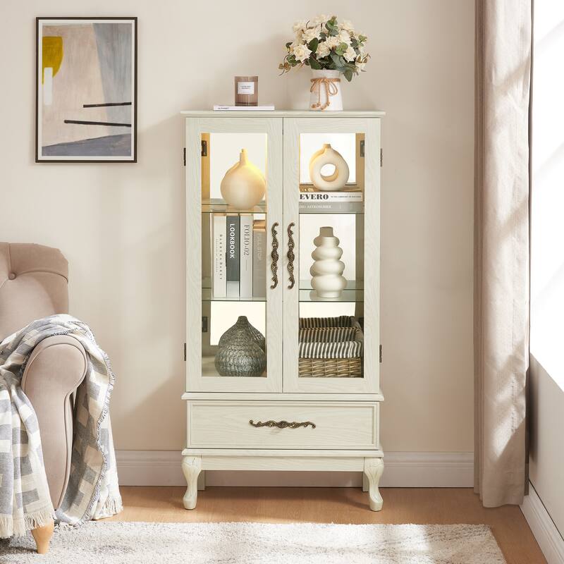 Lighted Curio Cabinet, Multipurpose Glass Display Cabinet, Corner China Cabinet with Adjustable Shelves, 2 Doors & 1 drawer