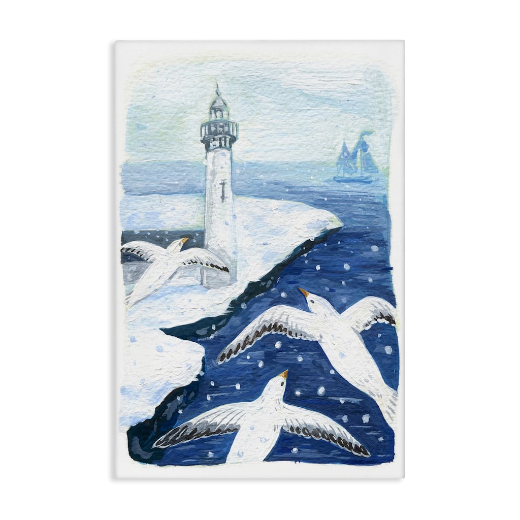 Stupell Snowy Winter Harbor Birds Canvas Wall Art Design By Hannah Moren