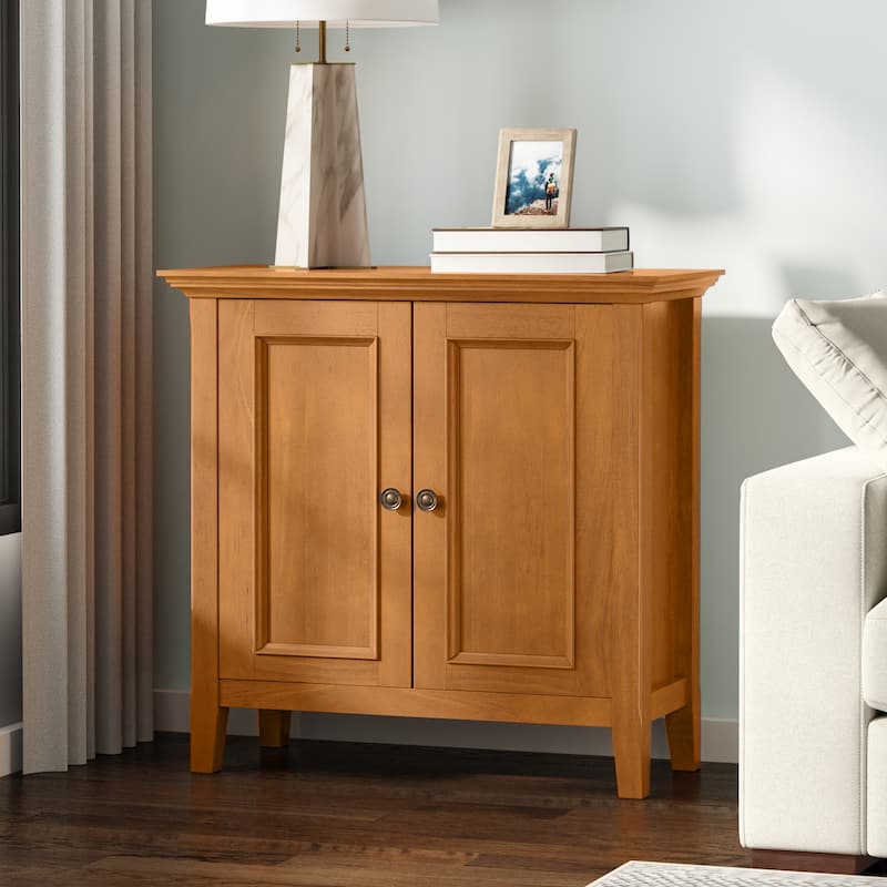 WYNDENHALL Halifax Solid Wood Transitional Low Storage Cabinet - 32"w x 14"d x 31" h - Light Golden Brown