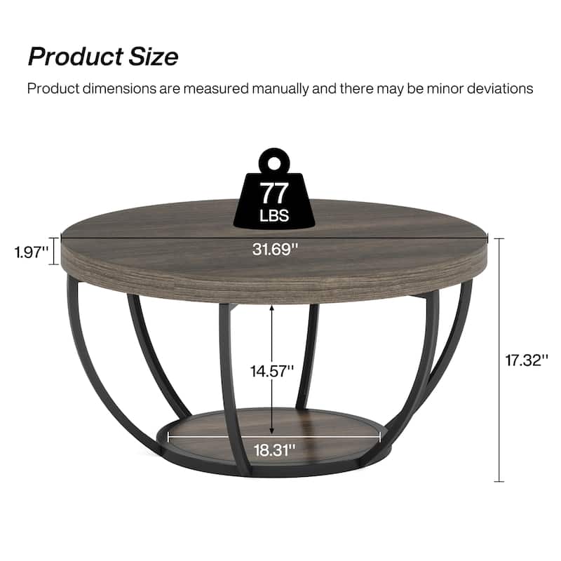 31.7" Round Coffee Table, Rustic 2-Tier Center Table with Storage Open Shelves