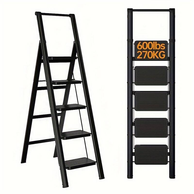 5-step Ladder Folding Step Stool, 5-step Ladder With Anti Slip Wide Pedals, Lightweight And Easy To Carry Handle Folding Ladder - Black