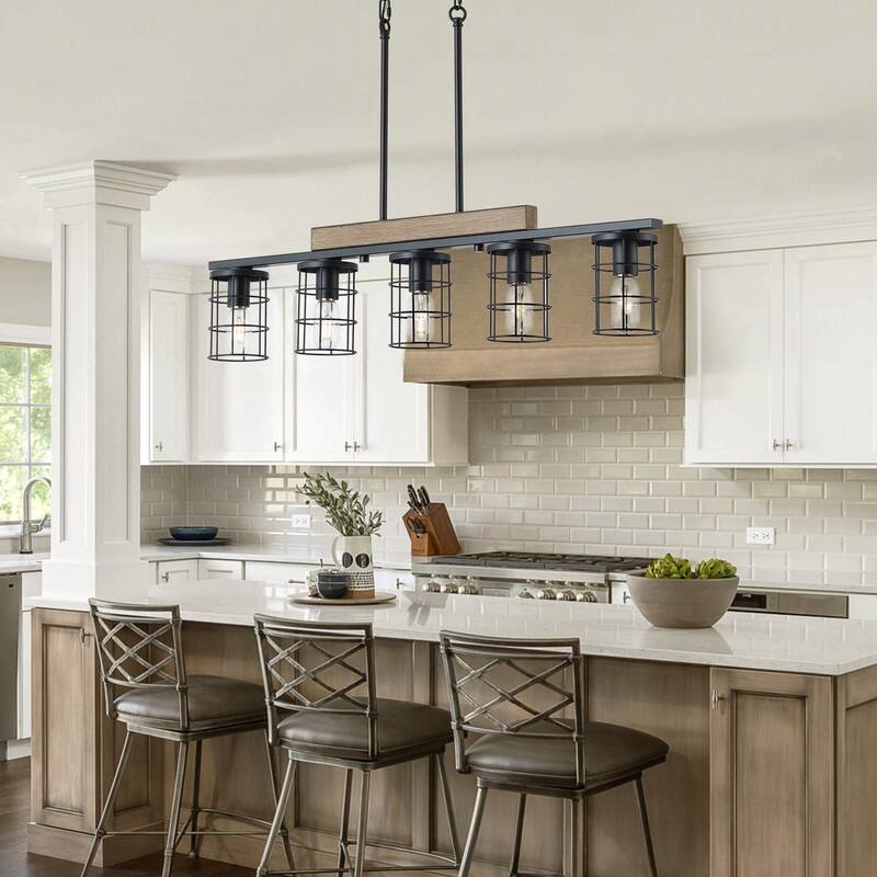 Modern Industrial 5 Light Black Iron Pendant Light Faux Wood Grain Ceiling Fixture