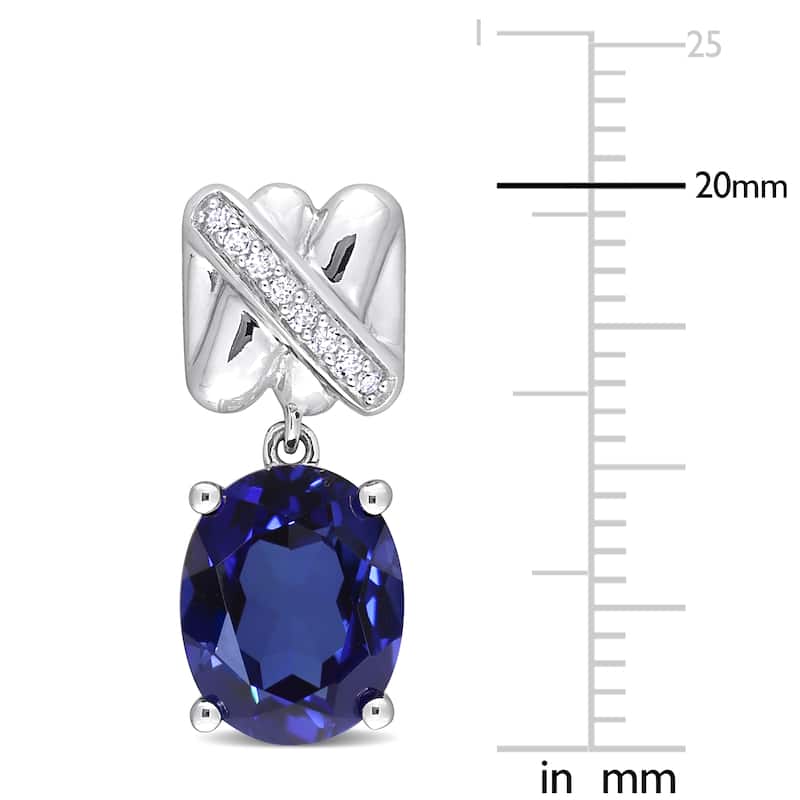 Miadora 8 1/3ct TGW Oval-Cut Created Blue Sapphire 1/10ct TDW Diamond Earrings 14k White Gold