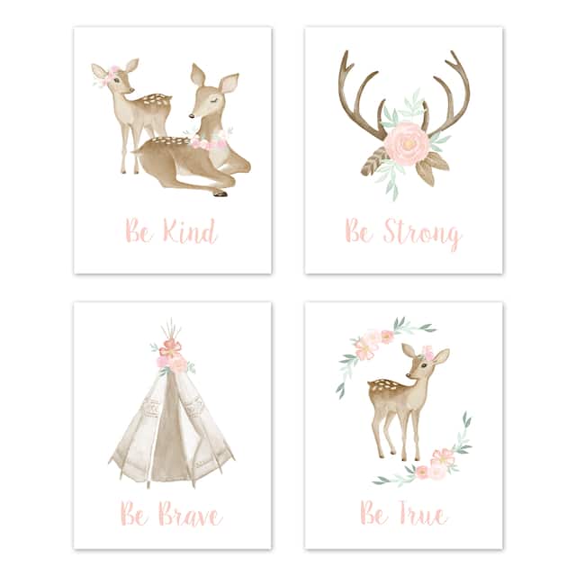 Sweet Jojo Designs Blush Pink Mint Boho Woodland Deer Floral Collection Wall Decor Art Prints (Set of 4) - Be Kind