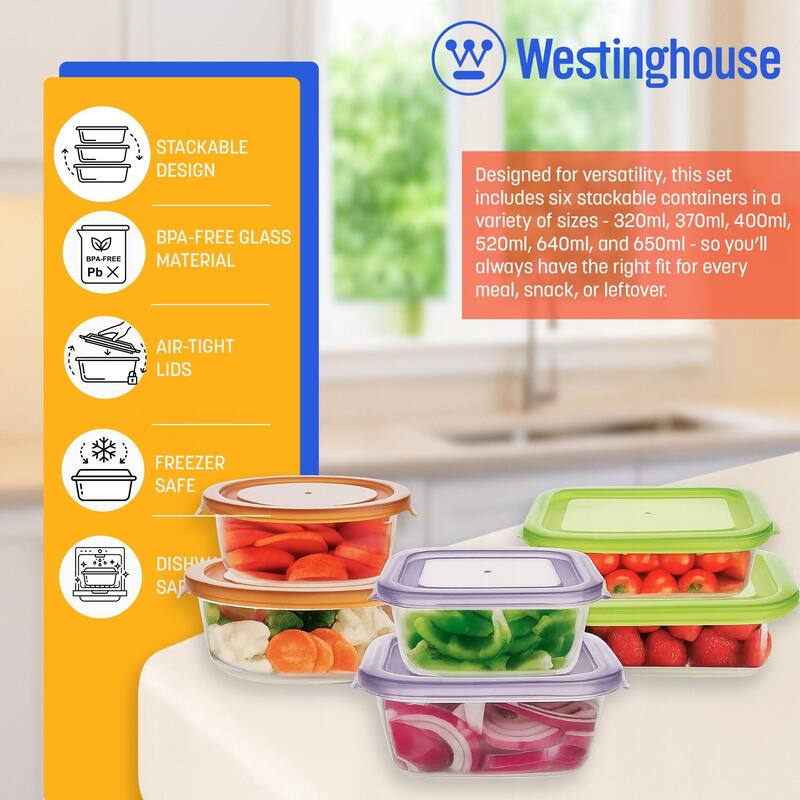 Westinghouse 6-Piece Glass Food Storage Container Set - 320ml to 650ml