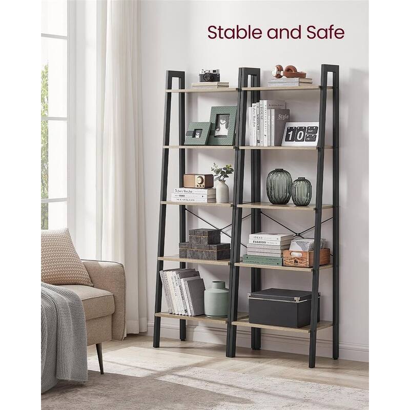 Black Metal 5-Tier Ladder Shelf with Steel Frame and Industrial Rustic Wood Shelves