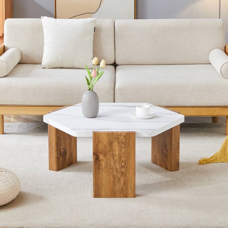 Faux Marble Top Hexagon Coffee Table Cocktail Table with Wooden Triangular Base