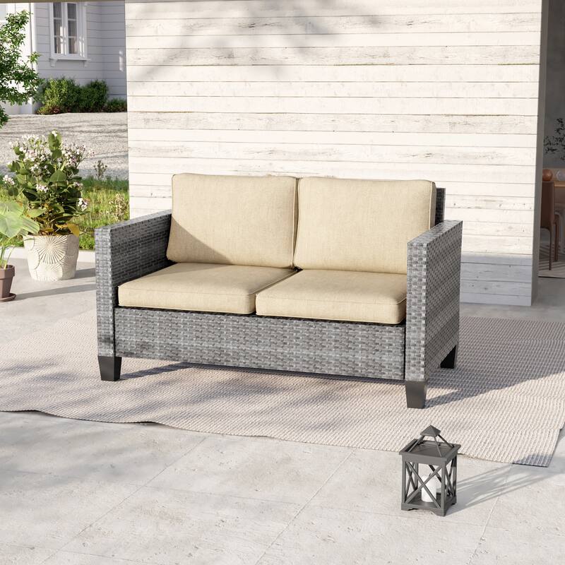 Livoosun Patio Loveseat Sofa Outdoor Wicker Couch, 2-Seater Furniture with High Back and Removable Cushions