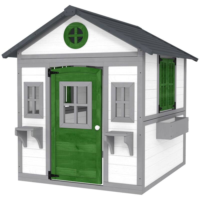White Green and Dark Gray Wooden Kids Playhouse with Windows and Planter Boxes for Outdoor Backyard Fun Ages 3 to 8