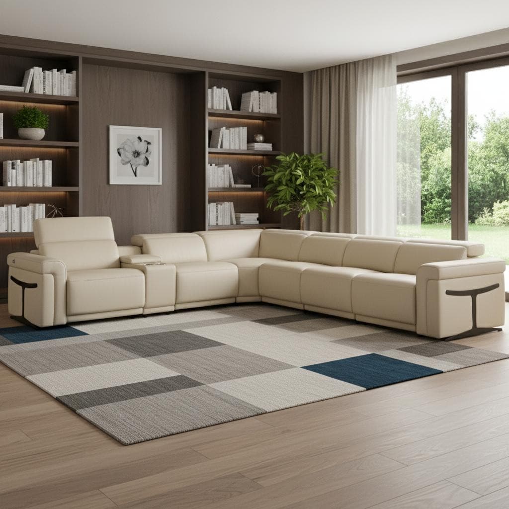 HomeRoots Beige Italian Leather Modular L Shaped Seven Piece Corner Sectional With Console