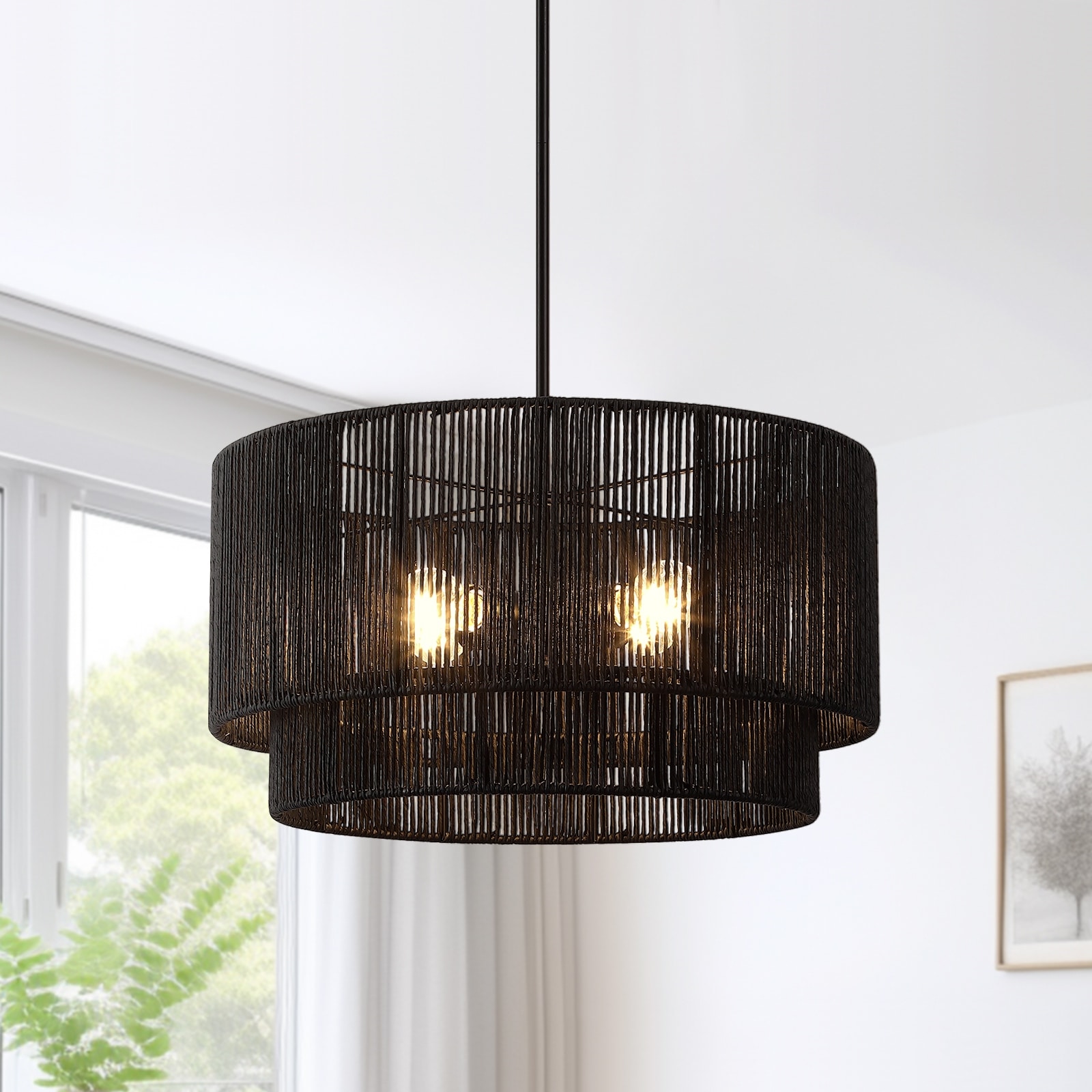 Cynthia 4 Light Black Rattan Drum Chandelier Light 22 W
