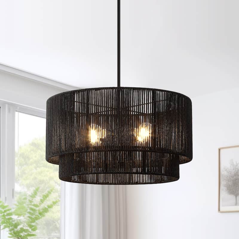 Cynthia 4-Light Black Rattan Drum Chandelier Light - 22''W - 22''W