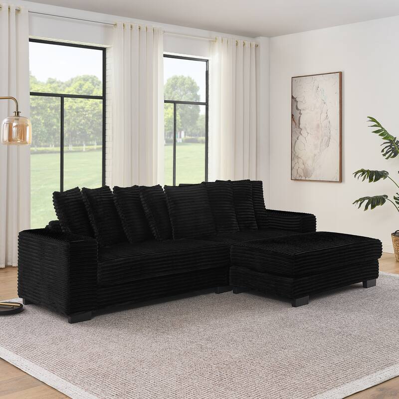 Anmytek L-Shaped Modular Corduroy Tufted Sleeper Sectional Sofa - Black