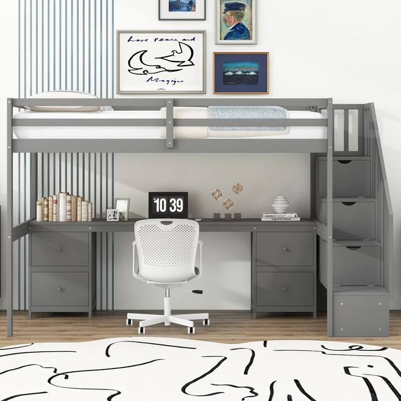Twin Size Loft Bed Frame with Built-in Desk and Double Storage Drawers - Grey