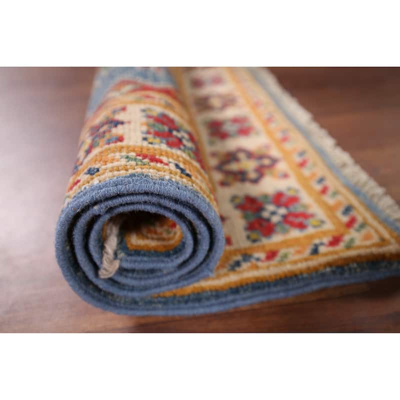 Blue Geometric Kazak Oriental Foyer Rug Hand-Knotted Wool Carpet - 2'0" x 2'9"