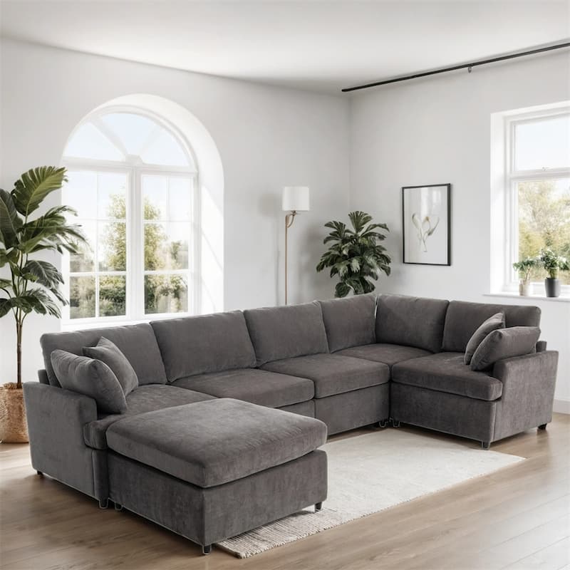 Modern Large Sectional Sofa with Removable Ottomans and Legs - Gray