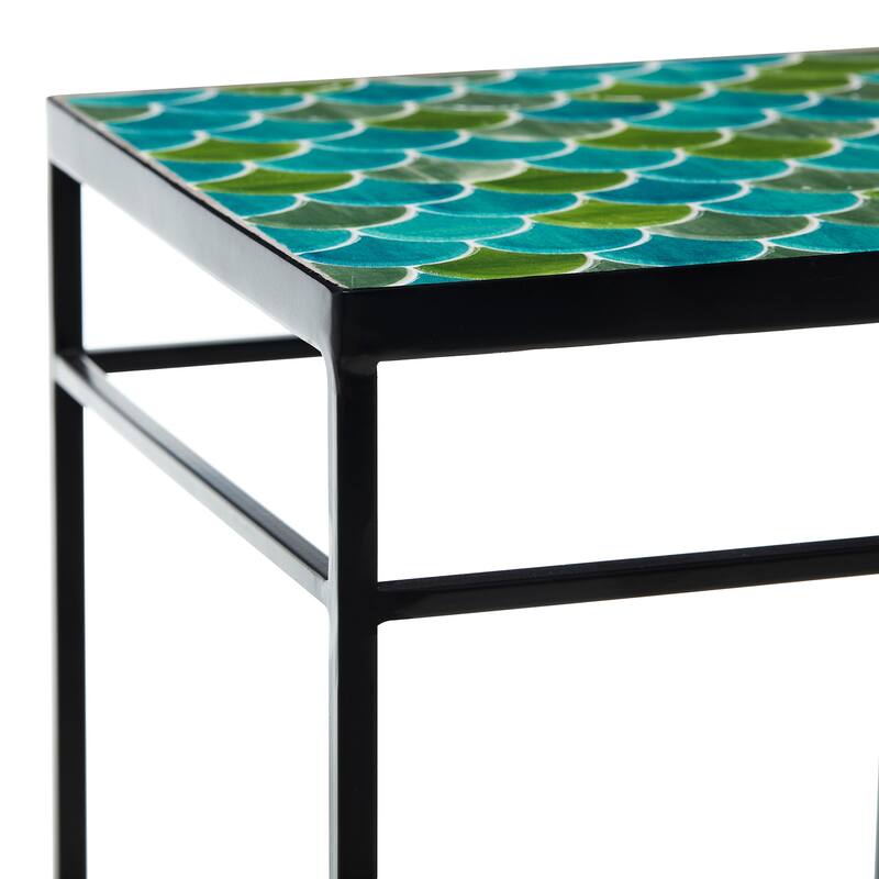 Glitzhome Set of 3 Metal Nesting Planter Stands Square Plant Holder with Green Pattern Ceramic Tiles Table Top