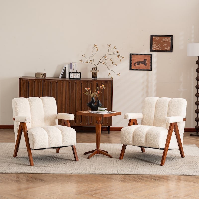 Mid Century Modern Accent Chair, Chenille Armchair with Solid Wood Legs, Channel Tufted Comfy Reading Chair for Living Room - Set-of-2-Beige