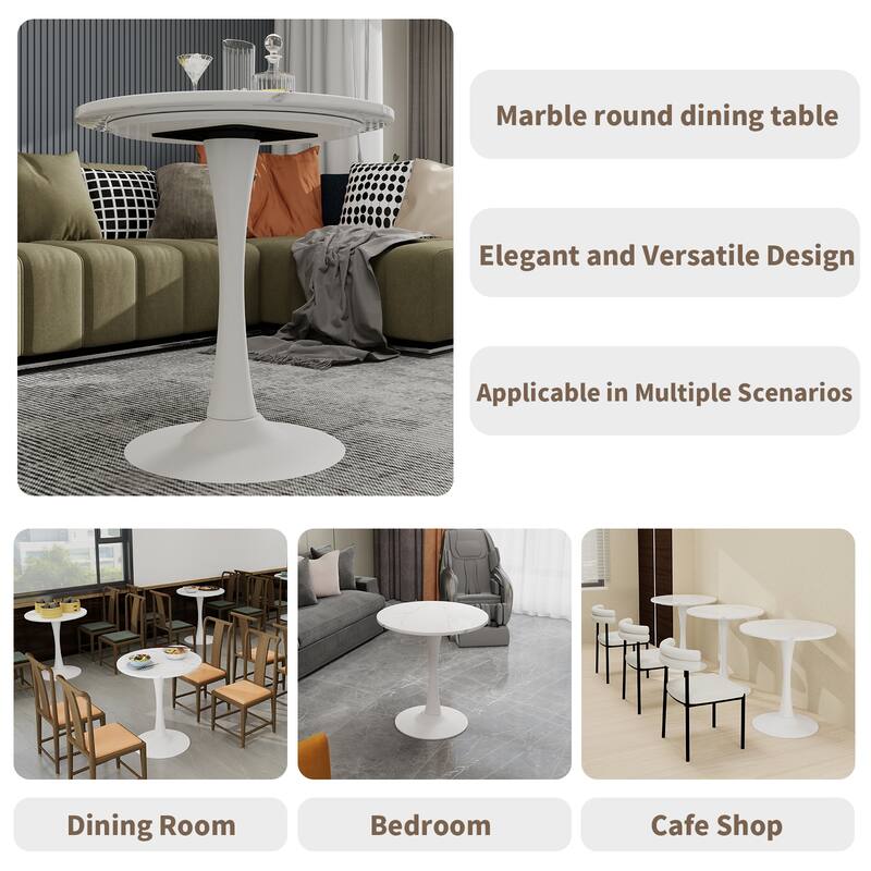27.6-Inch Mid-Century Modern Style Dining Table, Accommodates 2-4 People, Featuring A Round White-Veined Marble Tabletop