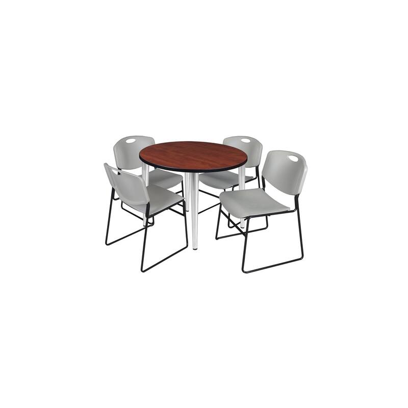 36 in. Round Breakroom Table- Cherry Top, Chrome Base & 4 Stack Chairs- Grey