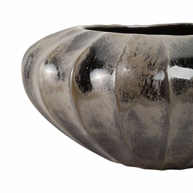 Decorative Round Ribbed Pottery Bowl with Glazed Finsih - 14", Black - 14.5"