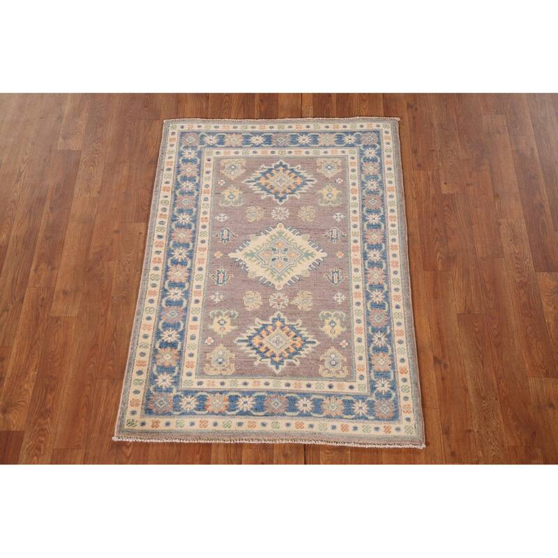 Geometric Kazak Oriental Accent Rug Hand-Knotted Beige Wool Carpet - 2'8"x 3'10"