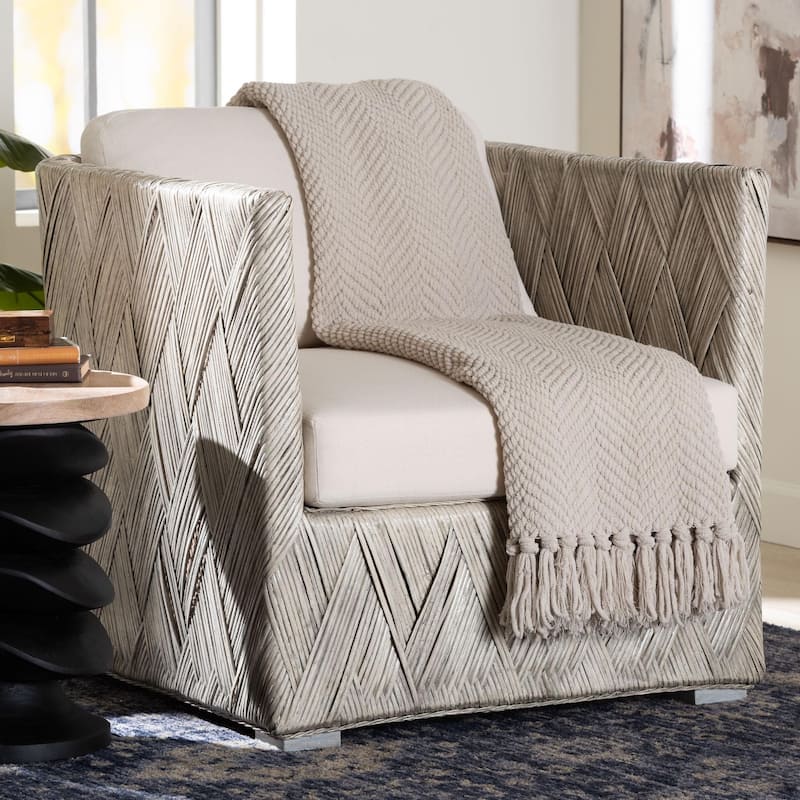 Melbourne Natural Rattan Lounge Chair - Handwoven Wicker Armchair with Tuxedo Frame for Living Room, Lounge, or Sun Room