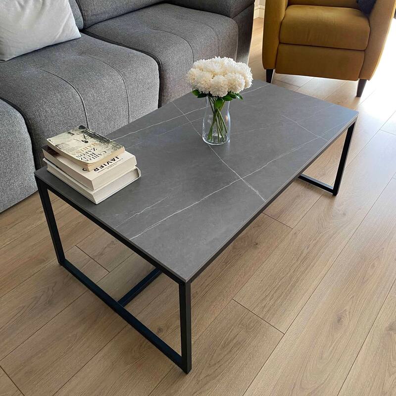 Sintered Stone Top Rectangle Coffee Table - 23.6" D x 39.4" W x 16.5" H - Black/Grey