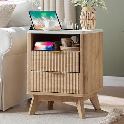 Modern Fluted Nightstand with Faux Marble Top, Side Table, End Table