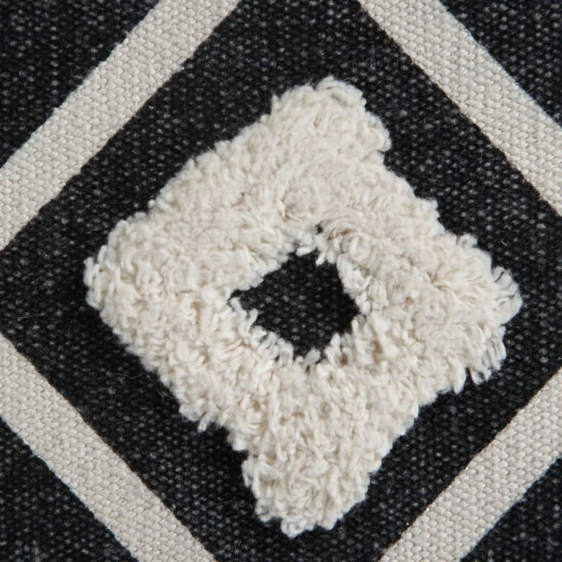 18-Inch Black Cotton Pouf Ottoman with Geometric Design for Living Room