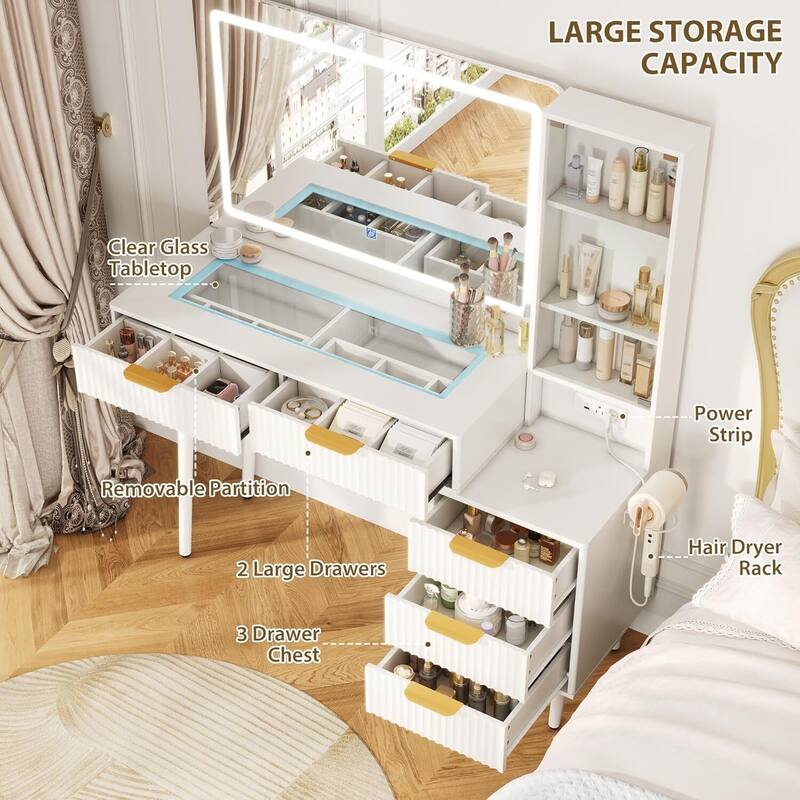 5 Drawers Vanity Desk, Makeup Dressing Table with Built-in USB Outlet Charging Station