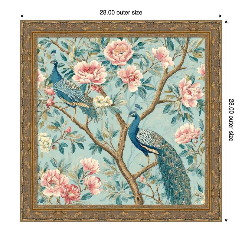 Peacock Mughal Mural by Tradelink inhouse artist Wood Framed Wall Art Print - 28 x 28 in - Gold